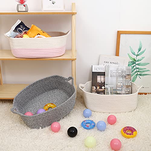 ABenkle Rope Basket, Small Storage Basket, Gift Basket, Rectangle Basket, Under Shelf Basket, Decorative Boho White Basket, Rope Woven Basket with Handle for Baby Dog Toy Egg Fruit Snack Towel Easter by ABenkle