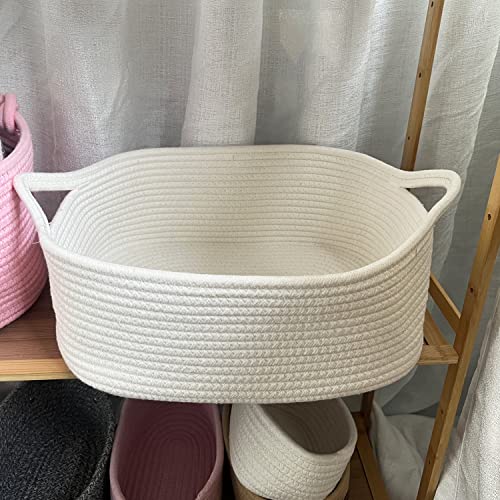 ABenkle Rope Basket, Small Storage Basket, Gift Basket, Rectangle Basket, Under Shelf Basket, Decorative Boho White Basket, Rope Woven Basket with Handle for Baby Dog Toy Egg Fruit Snack Towel Easter by ABenkle