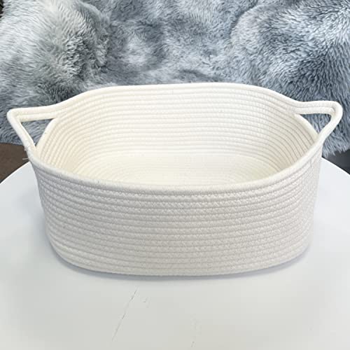 ABenkle Rope Basket, Small Storage Basket, Gift Basket, Rectangle Basket, Under Shelf Basket, Decorative Boho White Basket, Rope Woven Basket with Handle for Baby Dog Toy Egg Fruit Snack Towel Easter by ABenkle