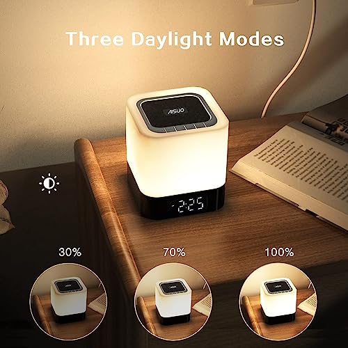 Aisuo Night Light-5 in 1 Bedside Lamp with Bluetooth Speaker,12/24H Digital Calendar Alarm Clock,Touch Control & 4000mAh Battery,Support TF and SD Card,Music Player,Room Decor . by 
