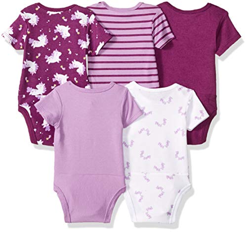Hanes Ultimate Baby Flexy 5 Pack Short Sleeve Bodysuits, Purple Fun, 0-6 Months by Hanes