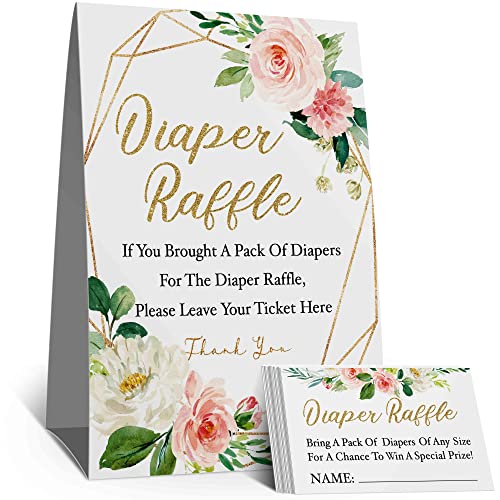 Diaper Raffle Tickets, Diaper Raffle Sign, Watercolor Pink Flowers Baby Shower Game Kit, Greenery Insert Ticket, Golden Baby Showers Decorations, Baby Showers Decorations, Card for Baby Shower Game to Bring a Pack of Diapers (1 Sign+50 Cards) from 