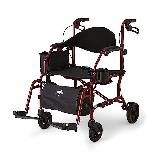 Medline Red Combination Rollator and Transport Chair, Desk-Length Arms, Swing Away Footrests, Red Frame by Medline