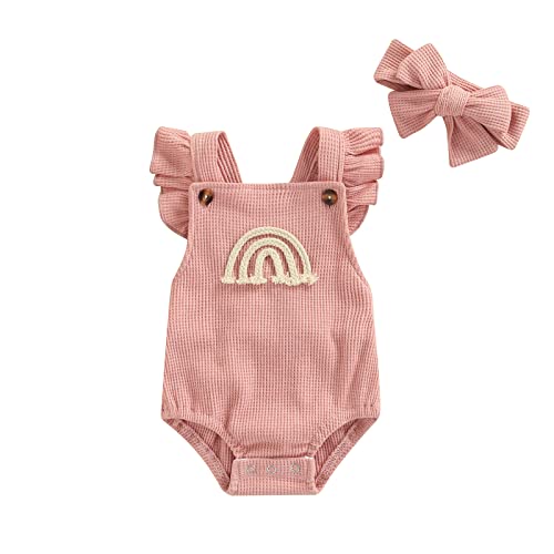 Infant Baby Girl Rainbow Boho Ruffled Sleeveless Rompers Clothes with Headband (Pink , 0-3 Months ) from Douhoow
