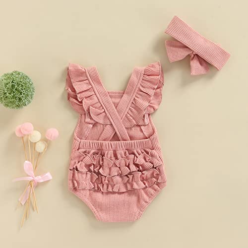 Infant Baby Girl Rainbow Boho Ruffled Sleeveless Rompers Clothes with Headband (Pink , 0-3 Months ) from Douhoow