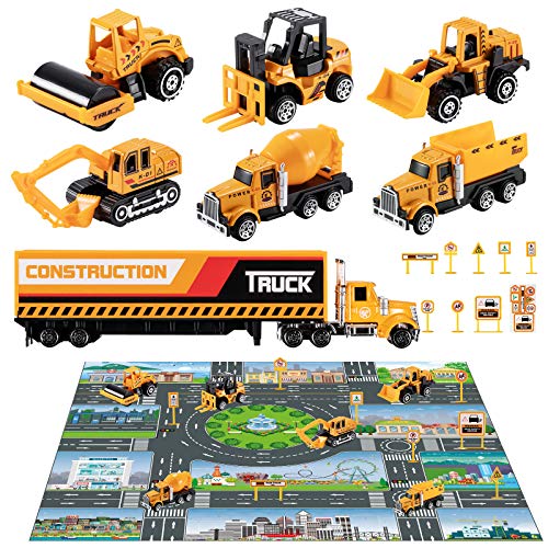 TEMI Diecast Engineering Construction Vehicle Toy Set w/ Play Mat,Truck Carrier,Forklift,Bulldozer,Excavator,Mixer,Dump Truck, Alloy Metal Car Toys Set for 3 4 5 6 Years Old Toddlers Kids Boys & Girls by TEMI