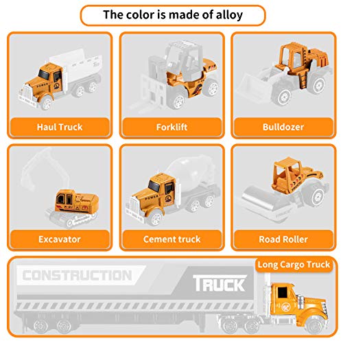 TEMI Diecast Engineering Construction Vehicle Toy Set w/ Play Mat,Truck Carrier,Forklift,Bulldozer,Excavator,Mixer,Dump Truck, Alloy Metal Car Toys Set for 3 4 5 6 Years Old Toddlers Kids Boys & Girls by TEMI