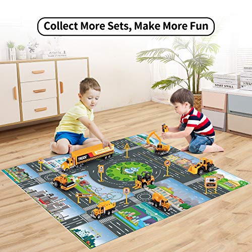 TEMI Diecast Engineering Construction Vehicle Toy Set w/ Play Mat,Truck Carrier,Forklift,Bulldozer,Excavator,Mixer,Dump Truck, Alloy Metal Car Toys Set for 3 4 5 6 Years Old Toddlers Kids Boys & Girls by TEMI