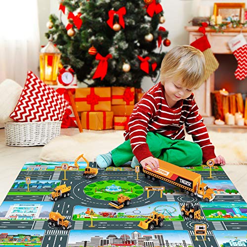TEMI Diecast Engineering Construction Vehicle Toy Set w/ Play Mat,Truck Carrier,Forklift,Bulldozer,Excavator,Mixer,Dump Truck, Alloy Metal Car Toys Set for 3 4 5 6 Years Old Toddlers Kids Boys & Girls by TEMI