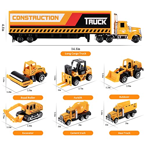 TEMI Diecast Engineering Construction Vehicle Toy Set w/ Play Mat,Truck Carrier,Forklift,Bulldozer,Excavator,Mixer,Dump Truck, Alloy Metal Car Toys Set for 3 4 5 6 Years Old Toddlers Kids Boys & Girls by TEMI