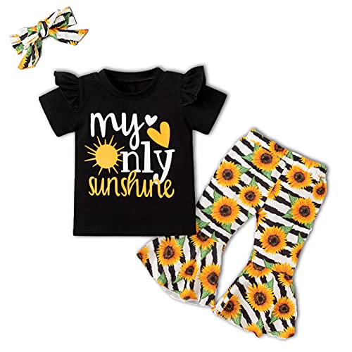 Toddler Baby Girl Clothes Set My Only Sunshine Cute Ruffle Short Sleeve Top Sunflower Flared Pants Summer Baby Girl Outfits 12-18Months by 