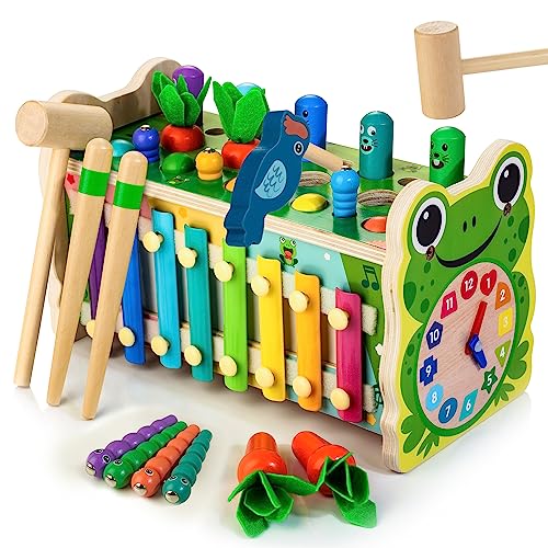 6 in 1 Wooden Montessori Toys for 1 Year Old Whack a Mole Game Hammering Pounding Toy with Xylophone Carrot Harvest Game Learning Developmental Toys Toddler Activities Gift Ages 1 2 3 4 by ShenZhen MaxLink Century Technology Co.,Ltd