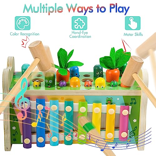 6 in 1 Wooden Montessori Toys for 1 Year Old Whack a Mole Game Hammering Pounding Toy with Xylophone Carrot Harvest Game Learning Developmental Toys Toddler Activities Gift Ages 1 2 3 4 by ShenZhen MaxLink Century Technology Co.,Ltd