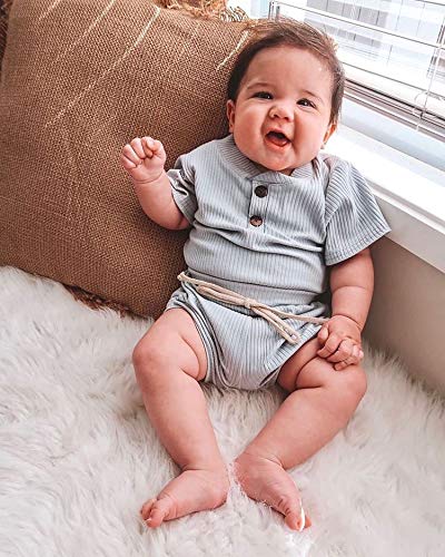 Meiweileya Newborn Baby Boy Girls Clothes Solid Ribbed Short Sleeve Romper Shorts Set Summer Outfits (Dark Blue, 0-3 Months) by Meiweileya