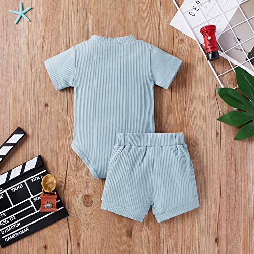 Meiweileya Newborn Baby Boy Girls Clothes Solid Ribbed Short Sleeve Romper Shorts Set Summer Outfits (Dark Blue, 0-3 Months) by Meiweileya