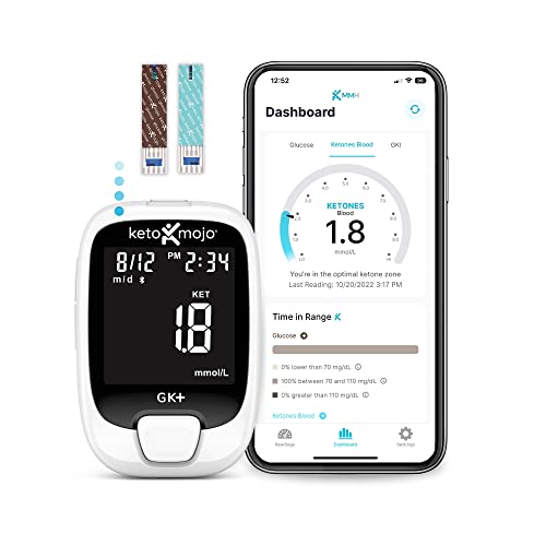KETO-MOJO GK+ Bluetooth Glucose & Ketone Testing Kit + Free APP for Ketosis & Diabetes Management. 20 Blood Test Strips (10 Each), Meter, 20 Lancets, Lancing Device, and Control Solutions by KETO-MOJO