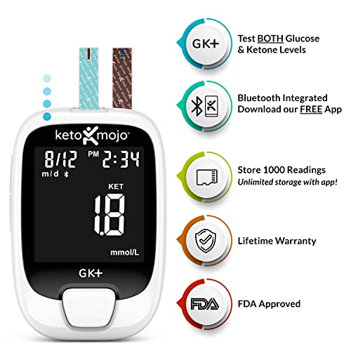 KETO-MOJO GK+ Bluetooth Glucose & Ketone Testing Kit + Free APP for Ketosis & Diabetes Management. 20 Blood Test Strips (10 Each), Meter, 20 Lancets, Lancing Device, and Control Solutions by KETO-MOJO