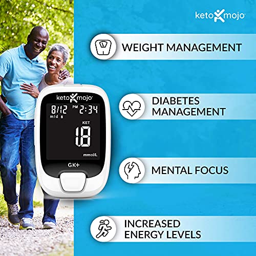 KETO-MOJO GK+ Bluetooth Glucose & Ketone Testing Kit + Free APP for Ketosis & Diabetes Management. 20 Blood Test Strips (10 Each), Meter, 20 Lancets, Lancing Device, and Control Solutions by KETO-MOJO