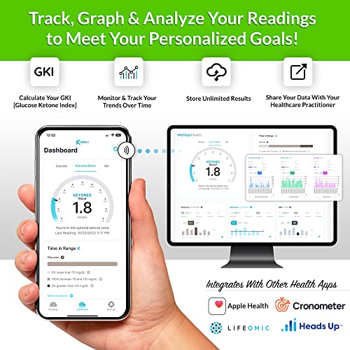 KETO-MOJO GK+ Bluetooth Glucose & Ketone Testing Kit + Free APP for Ketosis & Diabetes Management. 20 Blood Test Strips (10 Each), Meter, 20 Lancets, Lancing Device, and Control Solutions by KETO-MOJO