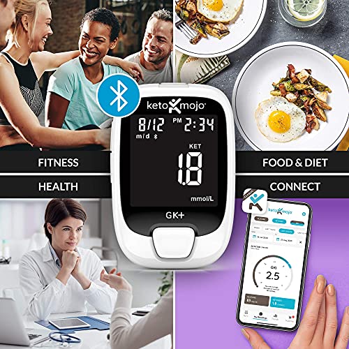 KETO-MOJO GK+ Bluetooth Glucose & Ketone Testing Kit + Free APP for Ketosis & Diabetes Management. 20 Blood Test Strips (10 Each), Meter, 20 Lancets, Lancing Device, and Control Solutions by KETO-MOJO
