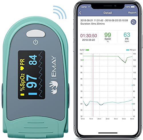EMAY Sleep Oxygen Saturation Monitor | Records Oxygen & Heart Rate Continuously | Provides Granular Data, Overnight Report and CSV File | Comes with iOS/Android App by EMAY
