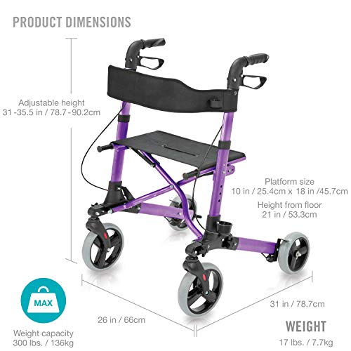 HealthSmart Walker Rollator with Seat and Backrest, Adjustable Handle Height, Removable Storage Bag and a Durable Lightweight Frame That Easily Folds While Supporting up to 300 pounds, Purple by HealthSmart