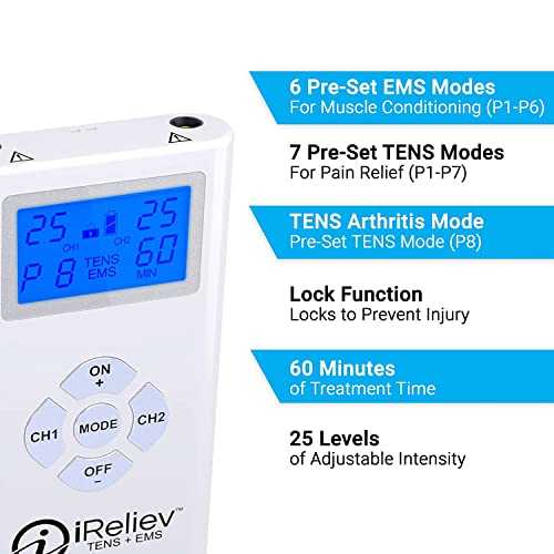 iReliev TENS Unit Muscle Stimulator Combination with Premium Carry Case - TENS for Pain Relief & Arthritis - EMS for Muscle Strength, Recovery, Relaxation - Back, Shoulder, Abdomen, Leg, Knee, & More by iReliev