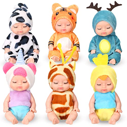6 Pcs 4 Inch Mini Reborn Baby Dolls Lifelike Realistic Baby Doll Handmade Mini Dolls with Animal Clothes for Girls Boys Toddlers Kids Birthday Gifts by Leitee