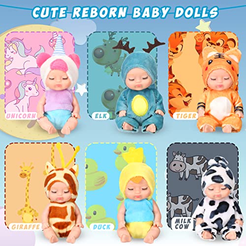 6 Pcs 4 Inch Mini Reborn Baby Dolls Lifelike Realistic Baby Doll Handmade Mini Dolls with Animal Clothes for Girls Boys Toddlers Kids Birthday Gifts by Leitee