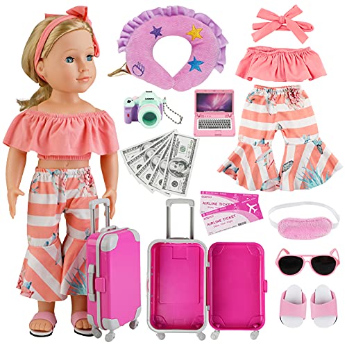 COSYOO 17 PCS Doll Travel Set Suitcase American Doll Accessories for Girl 18 Inch Including Suitcase Luggage A Set of Clothes Slippers Sunglasses Camera Laptop Unicorn Pillow Blindfold by COSYOO