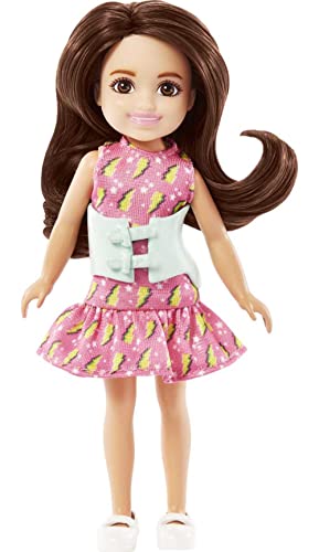 Barbie Toys, Chelsea Doll, 6-Inch Small Doll with Brace for Scoliosis Spine Curvature, Brunette Wearing Pink Lightning Bolt Dress by Mattel