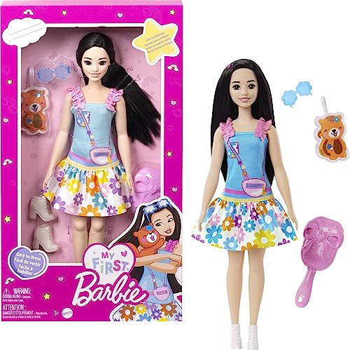 Barbie Doll for Preschoolers, Black Hair, My First Renee Doll, Kids Toys and Gifts, Plush Squirrel, Accessories, Soft Poseable Body from Mattel