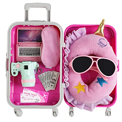 COSYOO 17 PCS Doll Travel Set Suitcase American Doll Accessories for Girl 18 Inch Including Suitcase Luggage A Set of Clothes Slippers Sunglasses Camera Laptop Unicorn Pillow Blindfold by COSYOO