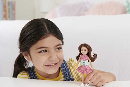 Barbie Toys, Chelsea Doll, 6-Inch Small Doll with Brace for Scoliosis Spine Curvature, Brunette Wearing Pink Lightning Bolt Dress by Mattel
