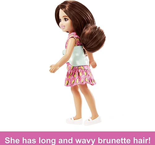 Barbie Toys, Chelsea Doll, 6-Inch Small Doll with Brace for Scoliosis Spine Curvature, Brunette Wearing Pink Lightning Bolt Dress by Mattel