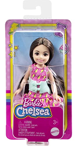 Barbie Toys, Chelsea Doll, 6-Inch Small Doll with Brace for Scoliosis Spine Curvature, Brunette Wearing Pink Lightning Bolt Dress by Mattel