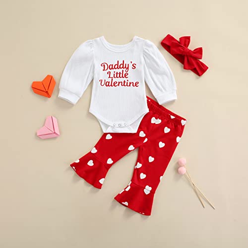 Infant Baby Girl Valentine 's Day Outfits Puff Sleeve Daddy 's Little Valentine Romper Flared Pants Toddler Girl Clothes Set (A-Red, 0-3 Months) by Hnyenmcko