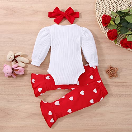 Infant Baby Girl Valentine 's Day Outfits Puff Sleeve Daddy 's Little Valentine Romper Flared Pants Toddler Girl Clothes Set (A-Red, 0-3 Months) by Hnyenmcko