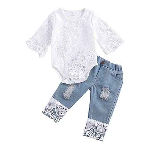 Baby Girls Summer Clothes Set Lace Hollow Out Long Sleeve Romper + Ripped Patchwork Jeans Infant Cute 2Pcs Outfits (Blue, 6-12 Months) from ZIYIXIN