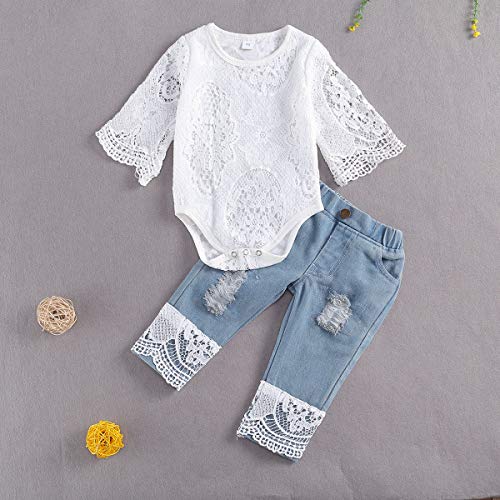 Baby Girls Summer Clothes Set Lace Hollow Out Long Sleeve Romper + Ripped Patchwork Jeans Infant Cute 2Pcs Outfits (Blue, 6-12 Months) from ZIYIXIN