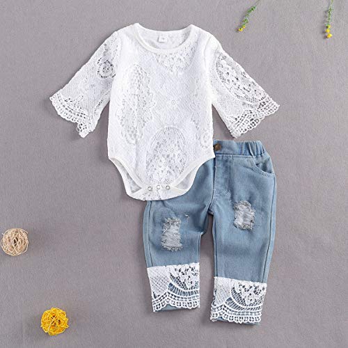 Baby Girls Summer Clothes Set Lace Hollow Out Long Sleeve Romper + Ripped Patchwork Jeans Infant Cute 2Pcs Outfits (Blue, 6-12 Months) from ZIYIXIN