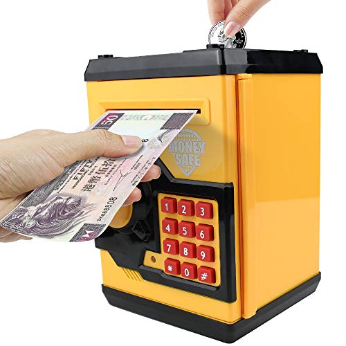 Sikaye Piggy Banks Best Gift for Kids Children Electronic Code Lock Money Banks with Password Mini ATM Money Save for Paper Money and Coins, Great for Boys & Girls (Black/Yellow) by Sikaye by Dongguan senhui electronic technology Co.,Ltd