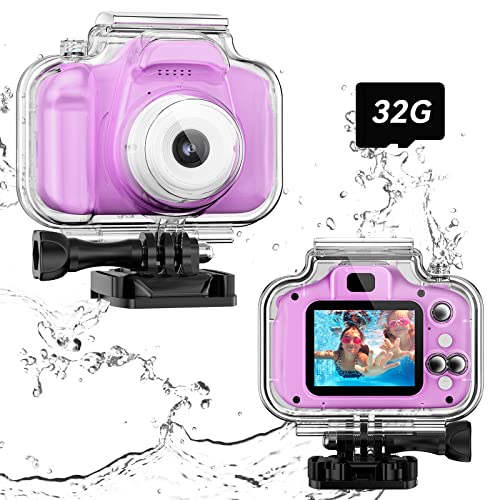 Kids Waterproof Camera, Children Sports Underwater Camcorder, Best Electronics Toys Gifts for 4-12 Years Old Girls Boys, Action Camera HD 1080P with 32GB SD Card (Purple) by Pyong