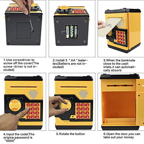 Sikaye Piggy Banks Best Gift for Kids Children Electronic Code Lock Money Banks with Password Mini ATM Money Save for Paper Money and Coins, Great for Boys & Girls (Black/Yellow) by Sikaye by Dongguan senhui electronic technology Co.,Ltd