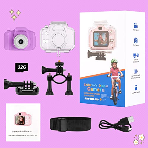 Kids Waterproof Camera, Children Sports Underwater Camcorder, Best Electronics Toys Gifts for 4-12 Years Old Girls Boys, Action Camera HD 1080P with 32GB SD Card (Purple) by Pyong