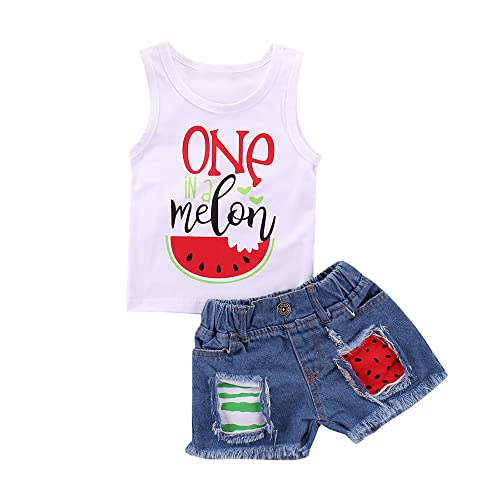 Mikrdoo Toddler Girl Summer Outfits Watermelon Tank Top + Denim Shorts 2T Infant Girl Clothes (18-24 Months, White) from 