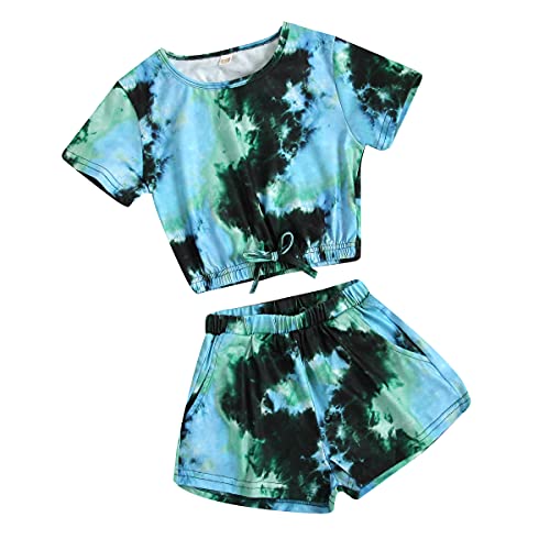 Little Girls Tie-Dye Print Clothes Round Collar Short Sleeve Pullover Top+Elastic Waist Shorts Pants 2Pcs Summer Outfits (Blue, Tag Size 150, US 10-12 Years, 12_Years) by 