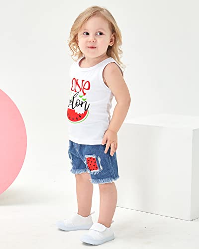 Mikrdoo Toddler Girl Summer Outfits Watermelon Tank Top + Denim Shorts 2T Infant Girl Clothes (18-24 Months, White) from 
