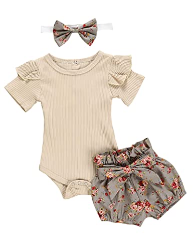Newborn Baby Girls Clothes Floral Sleeve Romper+ Floral Short Pant 3pcs Summer Outfit 0-3 Months Apricot from 
