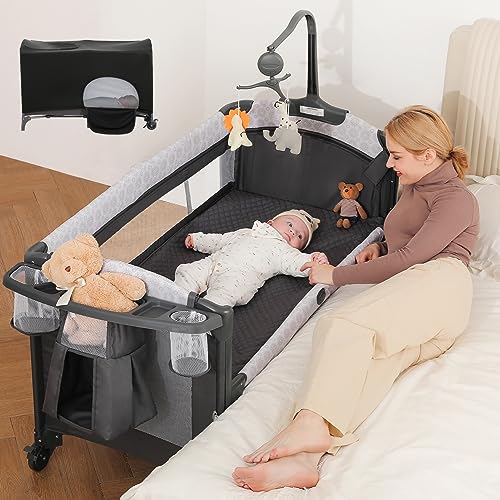 ELEMARA 4 in 1 Baby Bassinet Bedside Crib with Diaper Changer,Pack and Play with Mattress,Sheet and Blackout Cover for Baby,Playpen Travel Bed with Storage,XL Playard with 3 Adjustable Height by ELEMARA